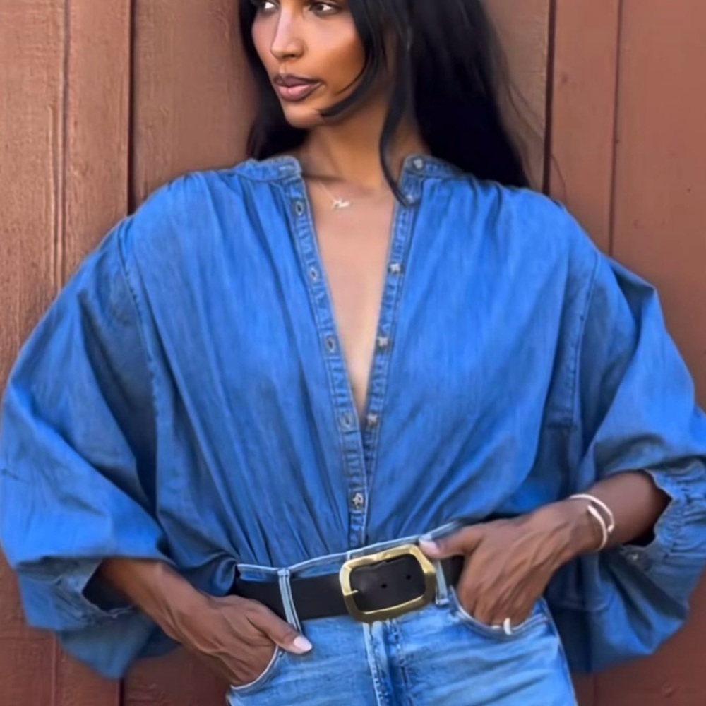 RARE - ANTHROPOLOGIE: Pilcro Denim Blue Blouse Boho - Styled on Jasmine Tookes